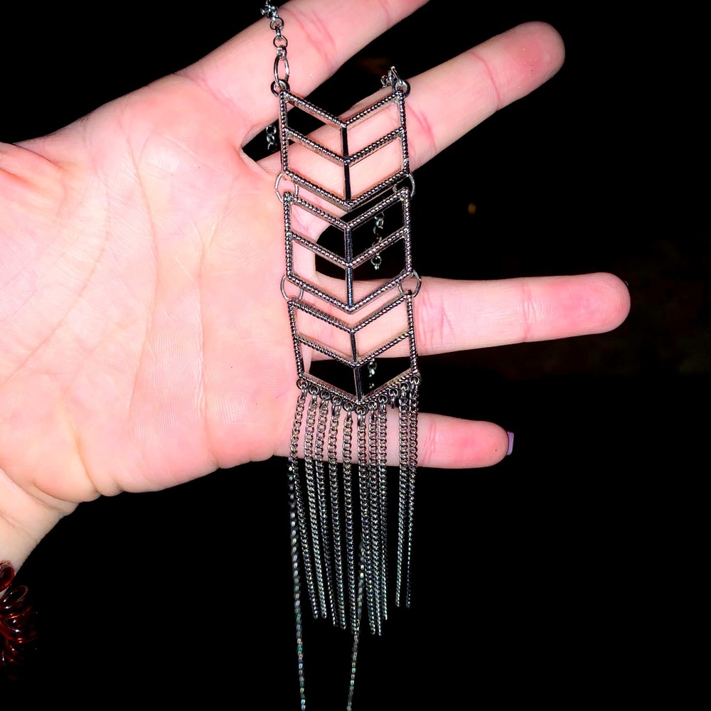 Long silver metal fringe necklace